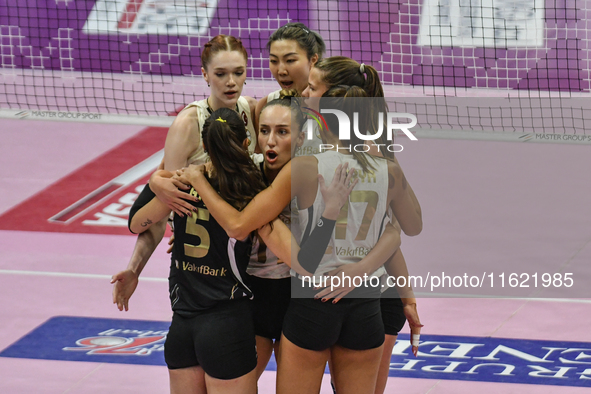 VakifBank Spor Kulubu celebrates the team's international trophy ''Una squadra per un sorriso'' during the final 1st-2nd place match between...