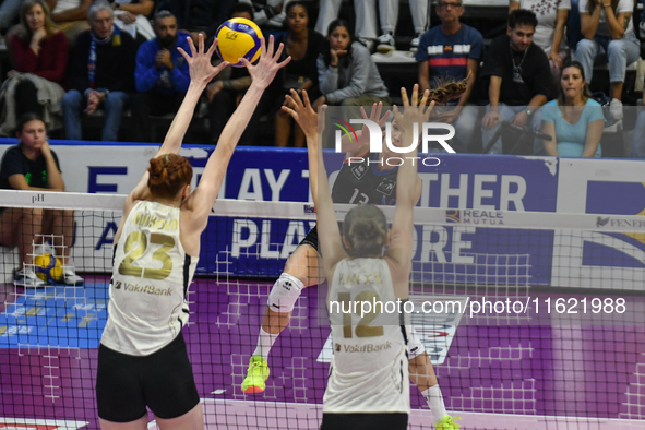 Marina Markova of VakifBank Spor Kulubu blocks the attack during the International Trophy ''Una squadra per un sorriso,'' Final 1st-2nd plac...