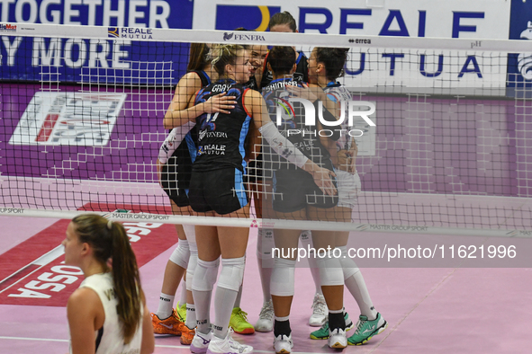 Reale Mutua Fenera Chieri '76 celebrates a point during the team's International Trophy ''Una squadra per un sorriso,'' Final 1st-2nd place...