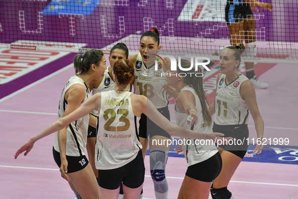 VakifBank Spor Kulubu celebrates the team's international trophy ''Una squadra per un sorriso'' during the final 1st-2nd place match between...