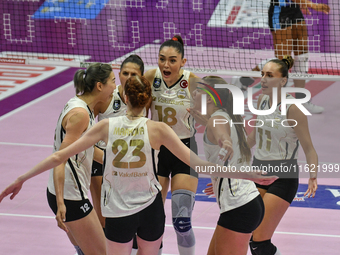 VakifBank Spor Kulubu celebrates the team's international trophy ''Una squadra per un sorriso'' during the final 1st-2nd place match between...