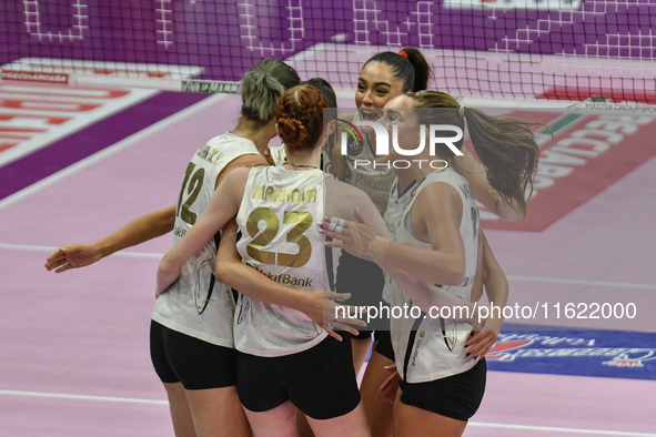 VakifBank Spor Kulubu celebrates the team's international trophy ''Una squadra per un sorriso'' during the final 1st-2nd place match between...