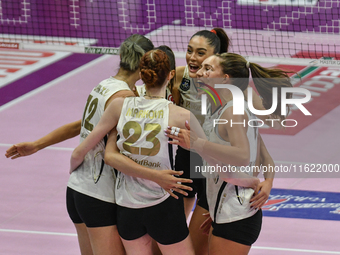 VakifBank Spor Kulubu celebrates the team's international trophy ''Una squadra per un sorriso'' during the final 1st-2nd place match between...