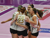 VakifBank Spor Kulubu celebrates the team's international trophy ''Una squadra per un sorriso'' during the final 1st-2nd place match between...