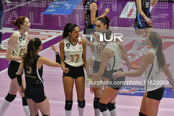 VakifBank Spor Kulubu celebrates the team's international trophy ''Una squadra per un sorriso'' during the final 1st-2nd place match between...