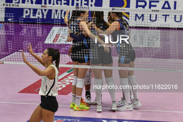 Reale Mutua Fenera Chieri '76 celebrates a point during the team's International Trophy ''Una squadra per un sorriso,'' Final 1st-2nd place...