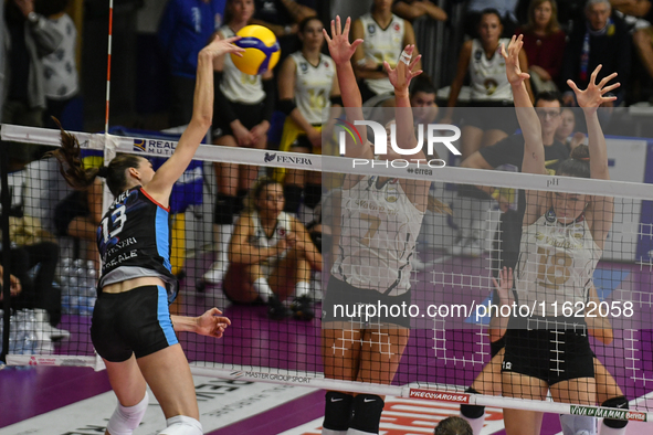 Lucille Giquel of Chieri '76 is in action during the International Trophy ''Una squadra per un sorriso,'' Final 1st-2nd place match between...