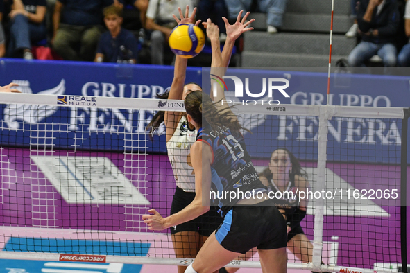 Lucille Giquel of Chieri '76 is in action during the International Trophy ''Una squadra per un sorriso,'' Final 1st-2nd place match between...