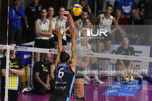 Kiera Van Ryk of VakifBank Spor Kulubu is in action during the International Trophy ''Una squadra per un sorriso,'' Final 1st-2nd place matc...