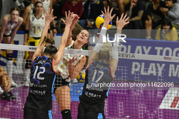 Anna Gray of Chieri '76 blocks the attack during the International Trophy ''Una squadra per un sorriso,'' Final 1st-2nd place match between...