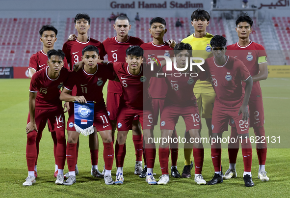 Singapore players pose for a team photo prior to the 2025 AFC U20 Asian Cup Qualifiers Group J match between Singapore and Hong Kong, China,...