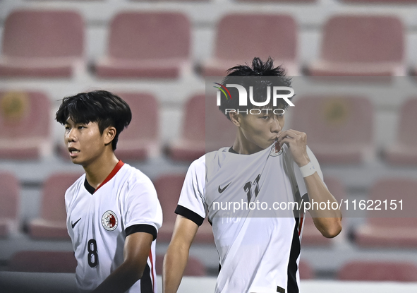 Ho Tung Lam (R) of Hong Kong, China, celebrates after scoring the second goal during the 2025 AFC U20 Asian Cup Qualifiers Group J match bet...