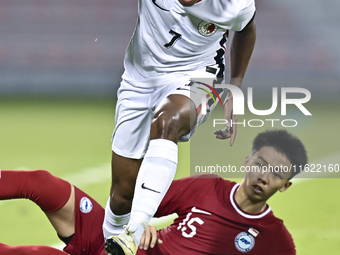 Lim Zheng Wu (bottom) of Singapore battles for the ball with Anthony Francis Pinto (left) of Hong Kong, China, during the 2025 AFC U20 Asian...