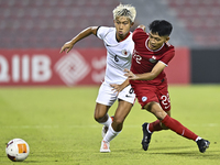 Muhammad Hud Bin Muhammad Ismail (R) of Singapore battles for the ball with Yuen Chun Him (L) of Hong Kong, China, during the 2025 AFC U20 A...