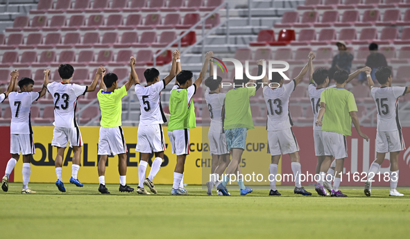 Players from Hong Kong, China celebrate after winning the 2025 AFC U20 Asian Cup Qualifiers Group J match between Singapore and Hong Kong, C...