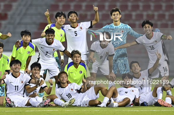 Players from Hong Kong, China celebrate after winning the 2025 AFC U20 Asian Cup Qualifiers Group J match between Singapore and Hong Kong, C...