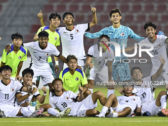 Players from Hong Kong, China celebrate after winning the 2025 AFC U20 Asian Cup Qualifiers Group J match between Singapore and Hong Kong, C...