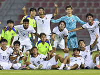 Players from Hong Kong, China celebrate after winning the 2025 AFC U20 Asian Cup Qualifiers Group J match between Singapore and Hong Kong, C...