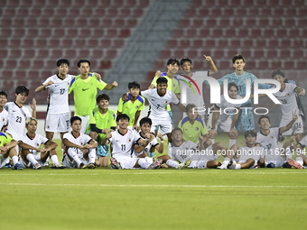 Players from Hong Kong, China celebrate after winning the 2025 AFC U20 Asian Cup Qualifiers Group J match between Singapore and Hong Kong, C...