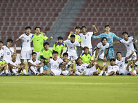 Players from Hong Kong, China celebrate after winning the 2025 AFC U20 Asian Cup Qualifiers Group J match between Singapore and Hong Kong, C...