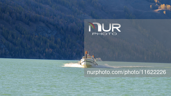 Police patrol Kanas Lake by boat in Altay, China, on September 29, 2024. 