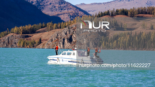 Police patrol Kanas Lake by boat in Altay, China, on September 29, 2024. 