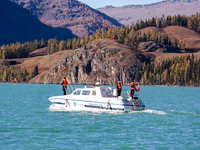 Police patrol Kanas Lake by boat in Altay, China, on September 29, 2024. (