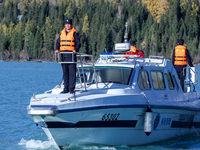 Police patrol Kanas Lake by boat in Altay, China, on September 29, 2024. (