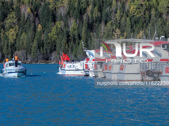 Police patrol Kanas Lake by boat in Altay, China, on September 29, 2024. (