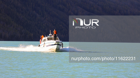 Police patrol Kanas Lake by boat in Altay, China, on September 29, 2024. 