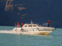 Police patrol Kanas Lake by boat in Altay, China, on September 29, 2024. (