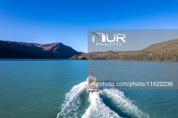 Police patrol Kanas Lake by boat in Altay, China, on September 29, 2024. 