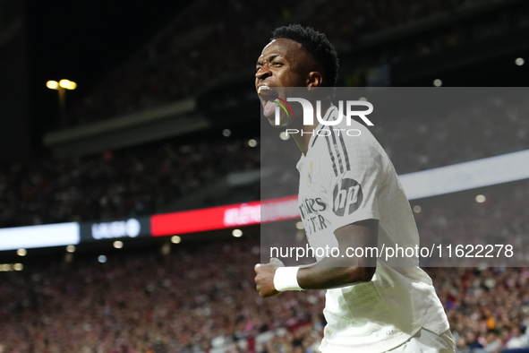 Vinicius Junior left winger of Real Madrid and Brazil reacts during the LaLiga match between Atletico de Madrid and Real Madrid CF  at Estad...