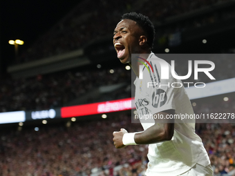 Vinicius Junior left winger of Real Madrid and Brazil reacts during the LaLiga match between Atletico de Madrid and Real Madrid CF  at Estad...