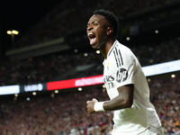 Vinicius Junior left winger of Real Madrid and Brazil reacts during the LaLiga match between Atletico de Madrid and Real Madrid CF  at Estad...