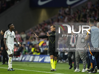 Vinicius Junior left winger of Real Madrid and Brazil reacts during the LaLiga match between Atletico de Madrid and Real Madrid CF  at Estad...