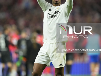 Jude Bellingham central midfield of Real Madrid and England greets after the LaLiga match between Atletico de Madrid and Real Madrid CF  at...