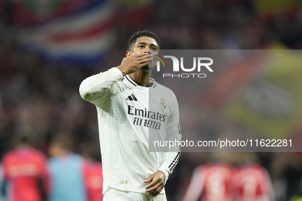 Jude Bellingham central midfield of Real Madrid and England greets after the LaLiga match between Atletico de Madrid and Real Madrid CF  at...