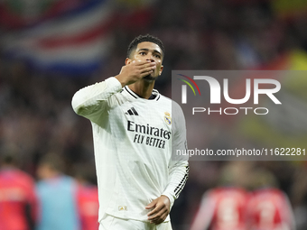 Jude Bellingham central midfield of Real Madrid and England greets after the LaLiga match between Atletico de Madrid and Real Madrid CF  at...