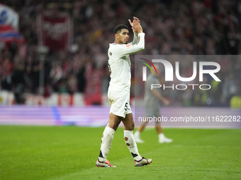 Jude Bellingham central midfield of Real Madrid and England greets after the LaLiga match between Atletico de Madrid and Real Madrid CF  at...