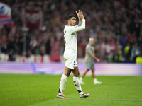 Jude Bellingham central midfield of Real Madrid and England greets after the LaLiga match between Atletico de Madrid and Real Madrid CF  at...