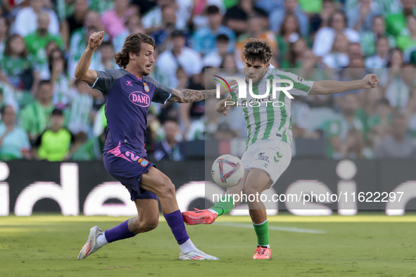 Ez Abde of Real Betis battles for the ball during the La Liga EA Sports match between Real Betis and RCD Espanyol at Benito Villamarin in Se...