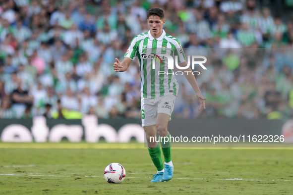 Sergi Altimira of Real Betis passes the ball during the La Liga EA Sports match between Real Betis and RCD Espanyol at Benito Villamarin in...