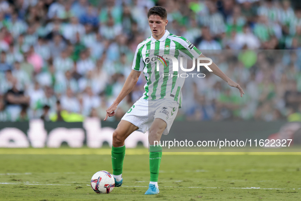 Sergi Altimira of Real Betis passes the ball during the La Liga EA Sports match between Real Betis and RCD Espanyol at Benito Villamarin in...