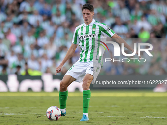 Sergi Altimira of Real Betis passes the ball during the La Liga EA Sports match between Real Betis and RCD Espanyol at Benito Villamarin in...