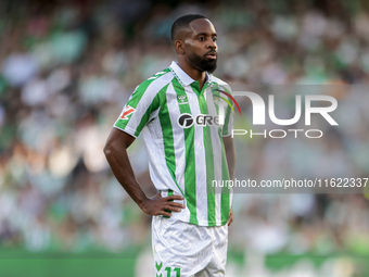 Cedrik Bakambu of Real Betis reacts to a missed opportunity during the La Liga EA Sports match between Real Betis and RCD Espanyol at Benito...