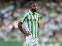 Cedrik Bakambu of Real Betis reacts to a missed opportunity during the La Liga EA Sports match between Real Betis and RCD Espanyol at Benito...