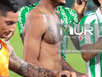 Natan Bernardo de Souza of Real Betis shows appreciation to fans during the La Liga EA Sports match between Real Betis and RCD Espanyol at B...