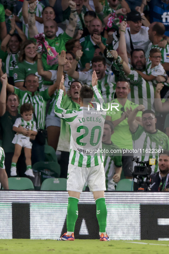 Giovani Lo Celso of Real Betis celebrates a goal during the La Liga EA Sports match between Real Betis and RCD Espanyol at Benito Villamarin...