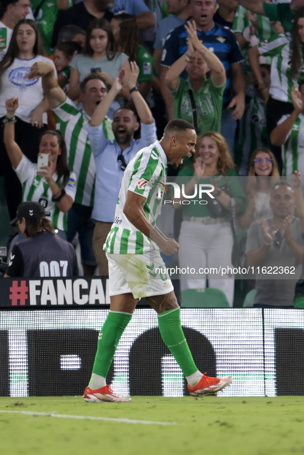 Natan Bernardo de Souza of Real Betis celebrates a goal during the La Liga EA Sports match between Real Betis and RCD Espanyol at Benito Vil...